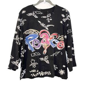 Chicos Graphic Peace Love Happiness Angel Print Top Size 1 M Stretch Artsy Y2K